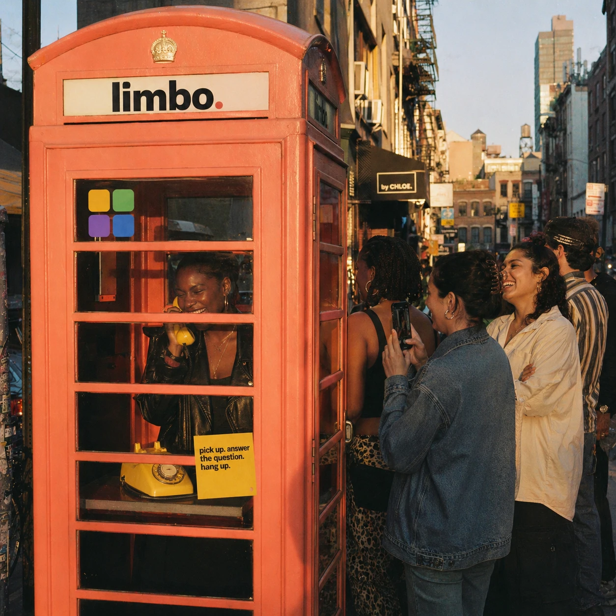 AI-generated brand image: a Limbo-branded phone booth on a city street where a woman answers a rotary phone as friends wait.